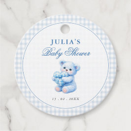 Blue Gingham Bow Heart Teddy Bear Baby Shower Geschenkanhänger