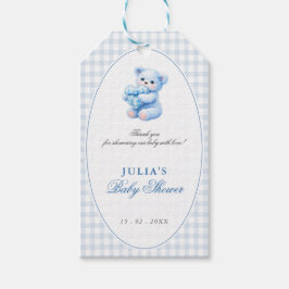Blue Gingham Bow Heart Teddy Bear Baby Shower Geschenkanhänger