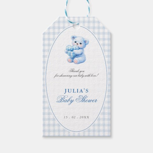 Blue Gingham Bow Heart Teddy Bear Baby Shower Geschenkanhänger (Vorderseite)