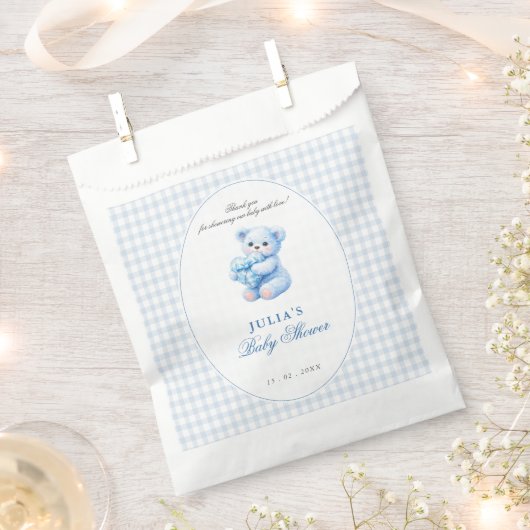 Blue Gingham Bow Heart Teddy Bear Baby Shower Geschenktütchen (Ausgeschnitten)