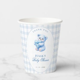 Blue Gingham Bow Heart Teddy Bear Baby Shower Pappbecher