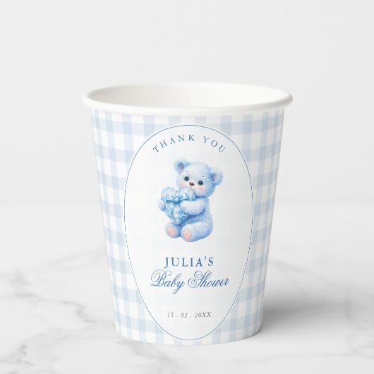 Blue Gingham Bow Heart Teddy Bear Baby Shower Pappbecher (Rückseite)
