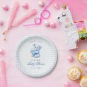 Blue Gingham Bow Heart Teddy Bear Baby Shower Pappteller (Party)