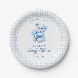 Blue Gingham Bow Heart Teddy Bear Baby Shower Pappteller