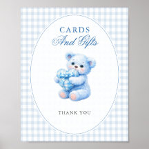 Blue Gingham Bow Heart Teddy Bear Baby Shower