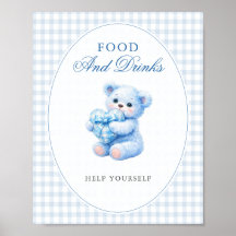Blue Gingham Bow Heart Teddy Bear Baby Shower