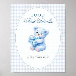 Blue Gingham Bow Heart Teddy Bear Baby Shower Poster