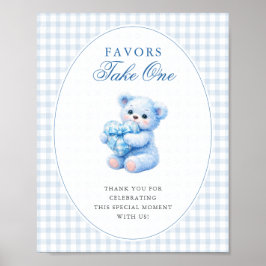 Blue Gingham Bow Heart Teddy Bear Baby Shower Poster