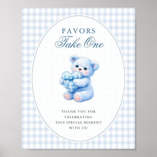 Blue Gingham Bow Heart Teddy Bear Baby Shower Poster (Vorne)