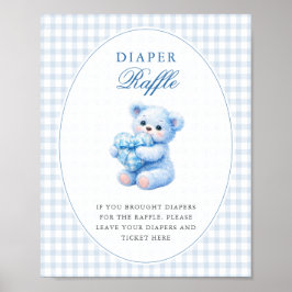 Blue Gingham Bow Heart Teddy Bear Baby Shower Poster