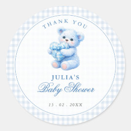 Blue Gingham Bow Heart Teddy Bear Baby Shower Runder Aufkleber