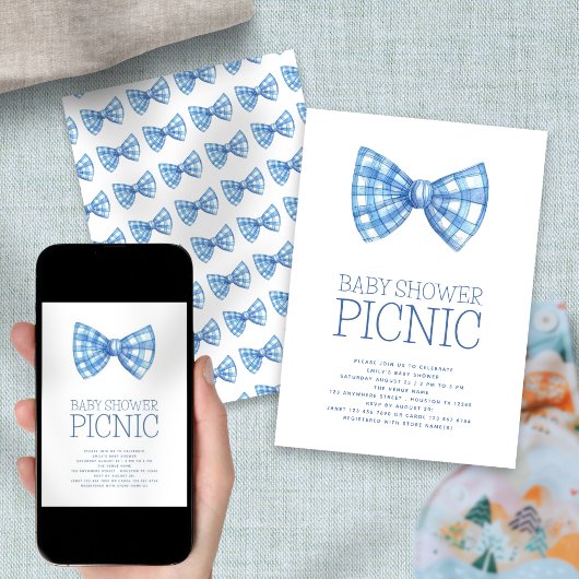 Blue Gingham Bow Krawatte Baby Shower Picnic Einladung