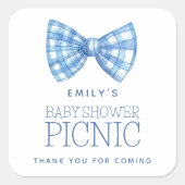 Blue Gingham Bow Krawatte Name Baby Dusche Vielen Quadratischer Aufkleber (Vorderseite)