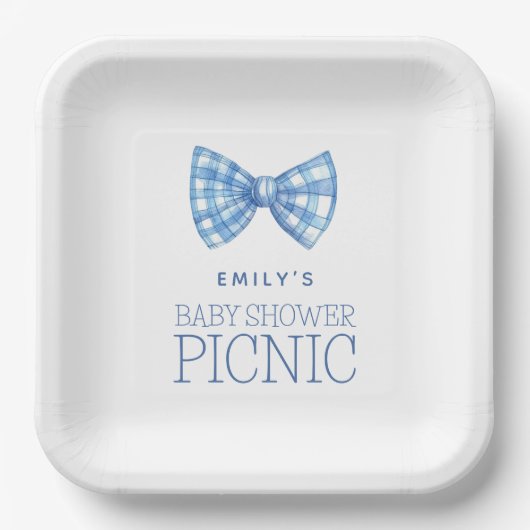 Blue Gingham Bow Krawatte Name Baby Shower Picnic Pappteller (Vorderseite)