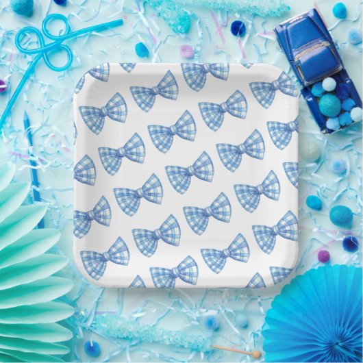 Blue Gingham Bow Krawatte Pattern Baby Shower Picn Pappteller (Party)