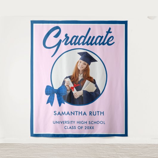 Blue Gingham Bow Photo Graduation Backdrop Wandteppich (Vorderseite)