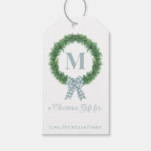 Blue Gingham Bow Wreath Gift Tag