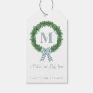 Blue Gingham Bow Wreath Gift Tag Geschenkanhänger