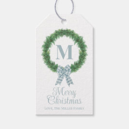 Blue Gingham Bow Wreath Gift Tag Geschenkanhänger