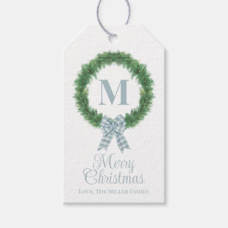 Blue Gingham Bow Wreath Gift Tag Geschenkanhänger