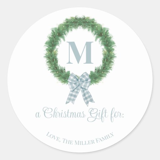 Blue Gingham Bow Wreath Sticker Geschenk Tag (Vorderseite)