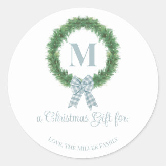 Blue Gingham Bow Wreath Sticker Geschenk Tag