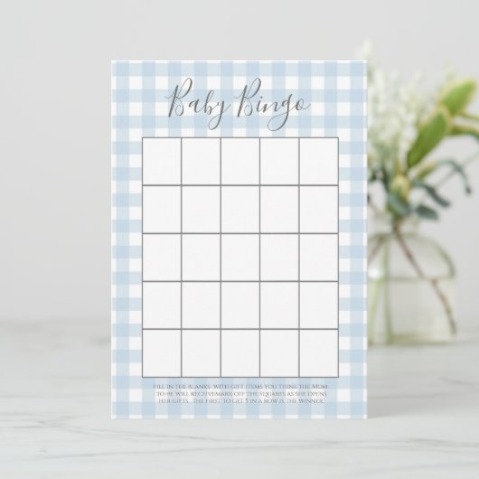 Blue Gingham Boy Baby Dusche Bingo Karten (Stehend Vorderseite)