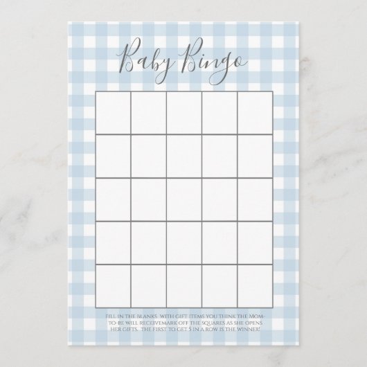 Blue Gingham Boy Baby Dusche Bingo Karten (Vorderseite)