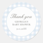 Blue Gingham Boy Baby Shower Runder Aufkleber (Vorderseite)
