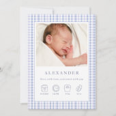 Blue Gingham Boy Birth Announcement Foto Card Einladung (Vorderseite)