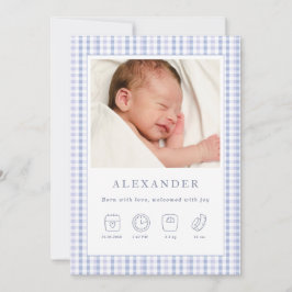 Blue Gingham Boy Birth Announcement Foto Card Einladung