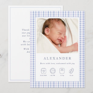 Blue Gingham Boy Birth Announcement Foto Card Einladung