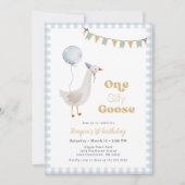 Blue Gingham Boy One Albern Goose Birthday Einladung (Vorderseite)