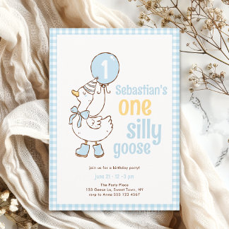Blue Gingham Boy One Silly Goose 1st Birthday Einladung