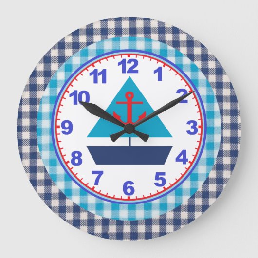 Blue Gingham Boys Sailboat Clock with Numbers Große Wanduhr (Vorderseite)