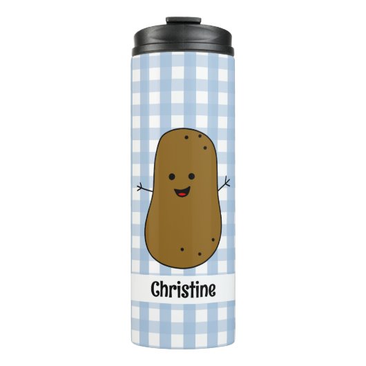 Blue Gingham Brown Potato Custom Thermal Tumbler Thermosbecher (Vorderseite)