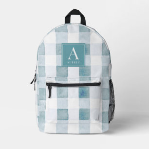 Blue Gingham/Buffalo Karierte Wasserfarbmonogramm Bedruckter Rucksack