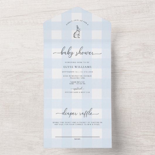 Blue Gingham Bunny Rabbit Baby Dusche All In One Einladung (Innen Boden)