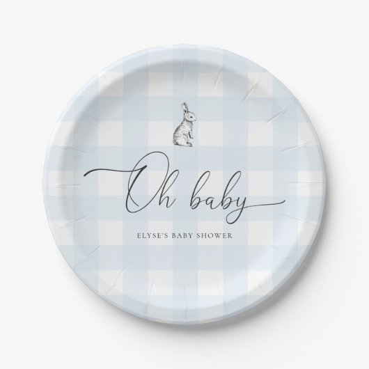 Blue Gingham Bunny Rabbit Baby Dusche Pappteller (Vorderseite)