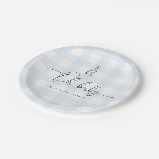 Blue Gingham Bunny Rabbit Baby Dusche Pappteller (Schrägansicht)
