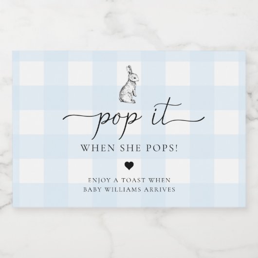 Blue Gingham Bunny Rabbit Pop It Wenn sie Pop Schaumweinetikett (Einzelnes Label)