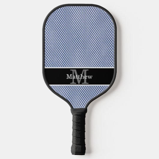Blue Gingham Checkered Initial Monogram Pickleball Schläger (Rückseite)