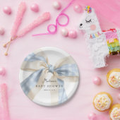 Blue Gingham Checks Bow Baby Shower Pappteller (Party)