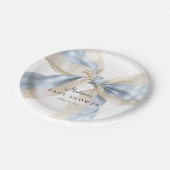 Blue Gingham Checks Bow Baby Shower Pappteller (Schrägansicht)