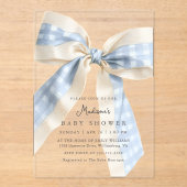 Blue Gingham Checks Bow Cute Baby Shower Acryleinladungen (Vorderseite)