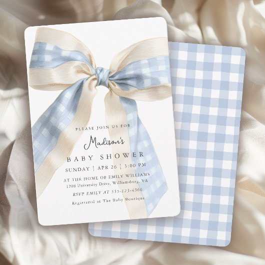Blue Gingham Checks Bow Cute Baby Shower Einladung