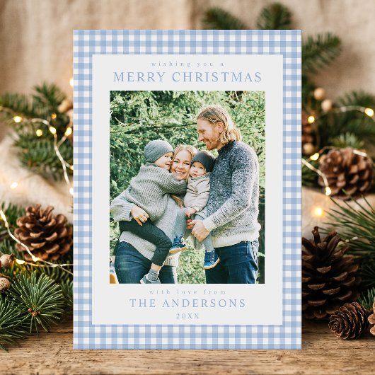 Blue Gingham Christmas Foto Feiertagskarte