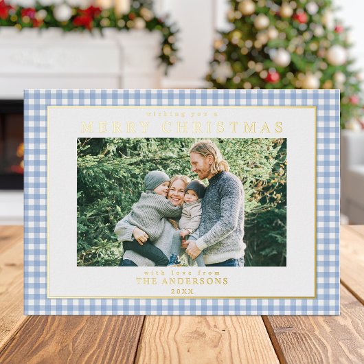 Blue Gingham Christmas Foto Folien Feiertagskarte