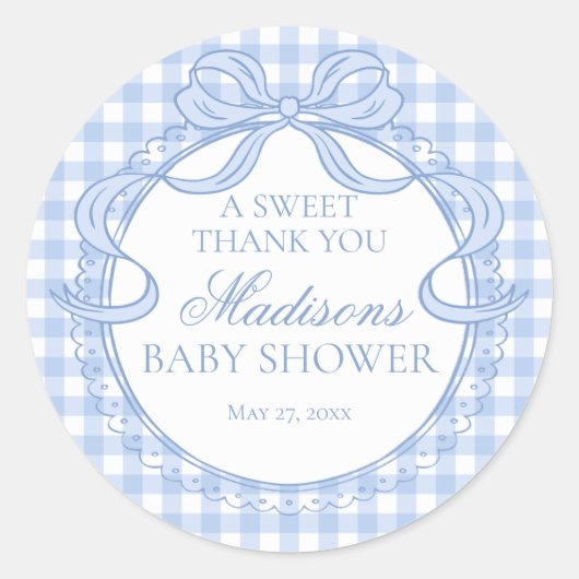 Blue Gingham Coquette Bow Baby Shower Favor Runder Aufkleber (Vorderseite)
