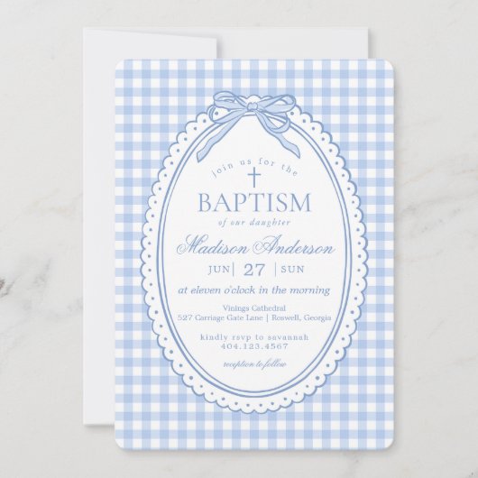 Blue Gingham Coquette Bow Baptism Einladung (Vorderseite)